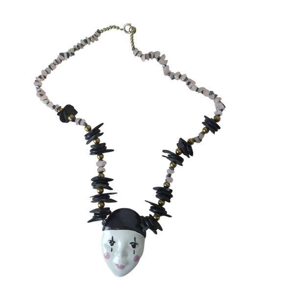 Vintage Harlequin Face Ceramic Pendant Necklace Pink and black stone & wood‎ 25" - Picture 12 of 16